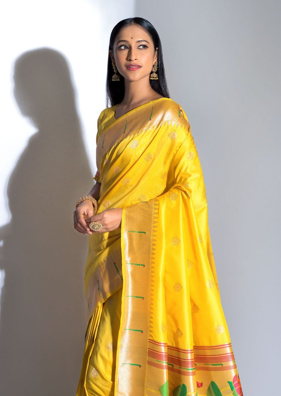 Yellow Paithani Silk Saree with zari work and Meenakari online shopping.
