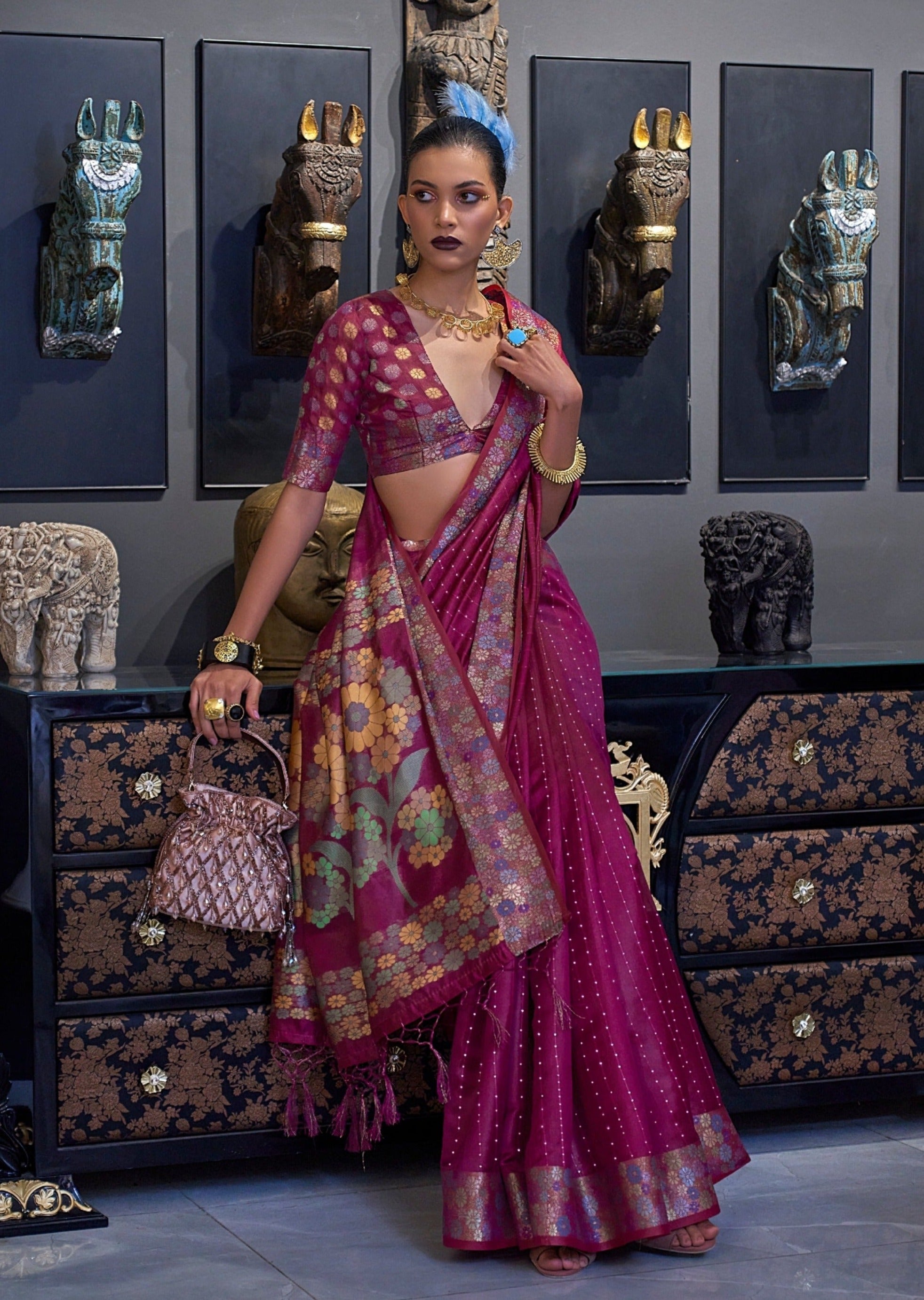 Red Pure Tissue Organza Polka Weave Saree main image 0