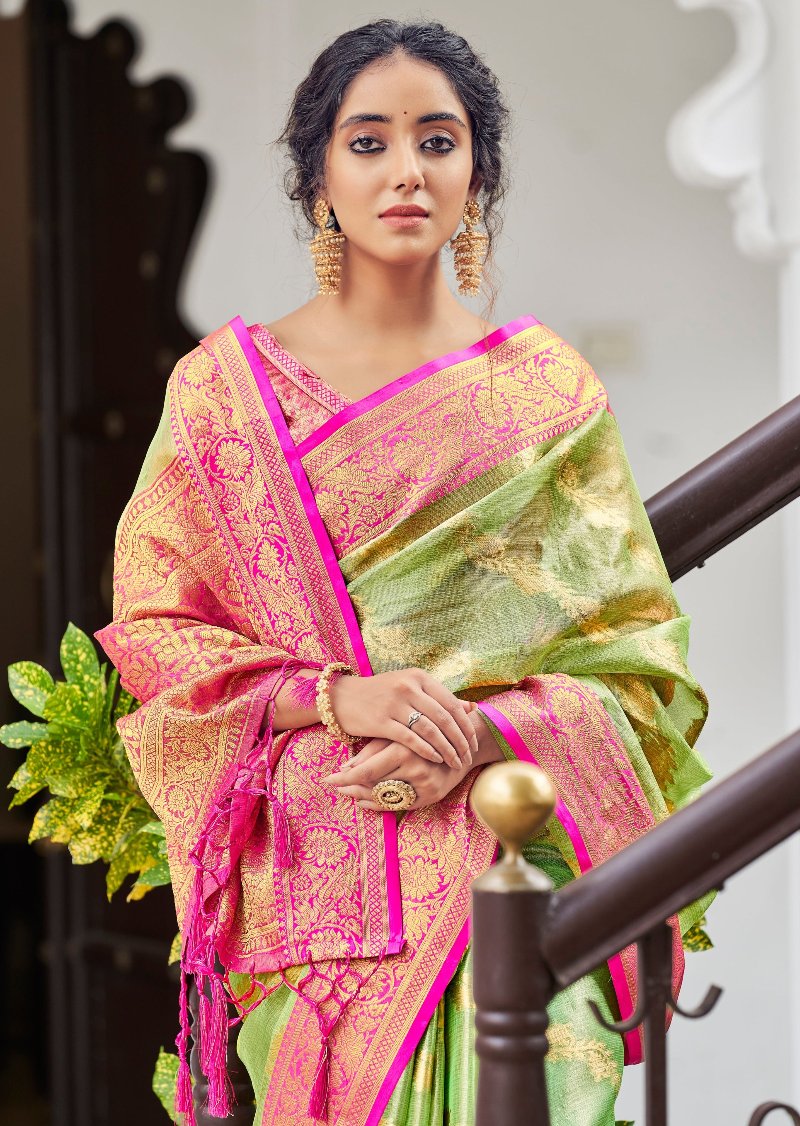 Shop pure banarasi tissue silk green handloom saree with contrast pink blouse online for summer wedding function.