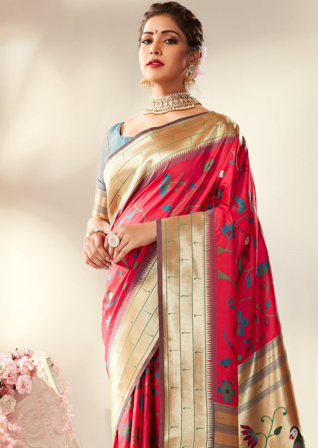Red paithani silk saree online india for wedding in traditional design.