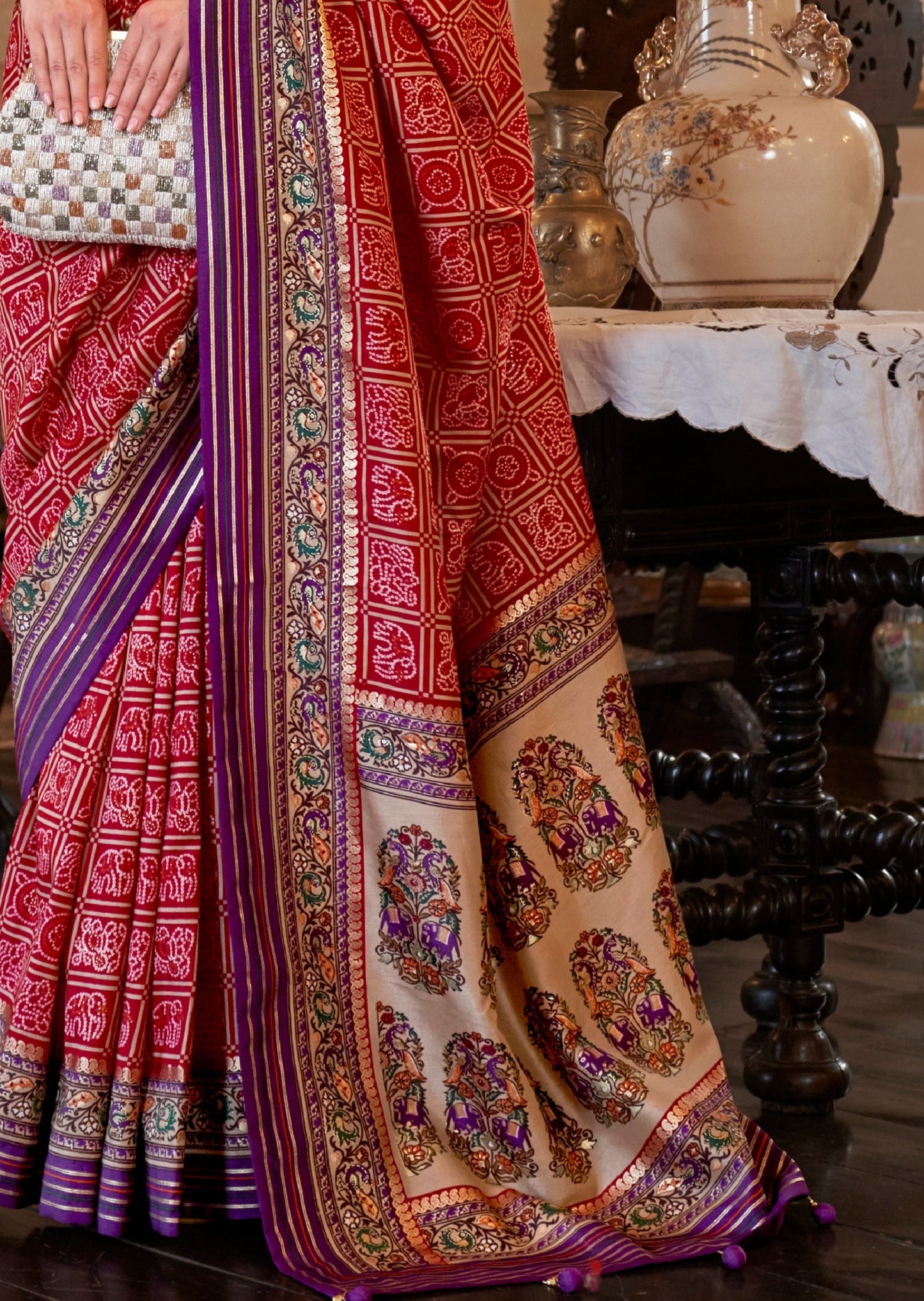 Red bandhani saree online design price.