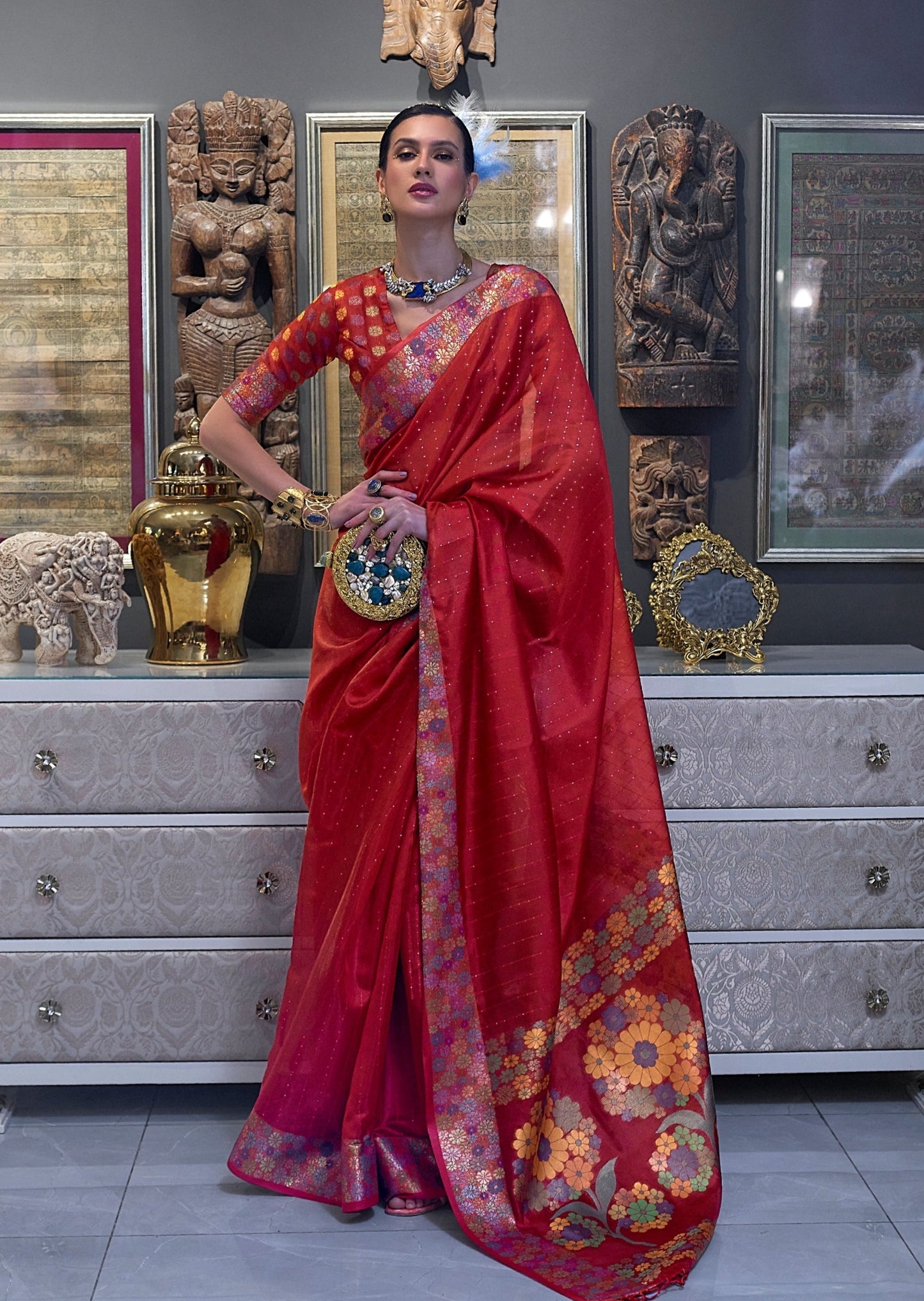 Red organza saree