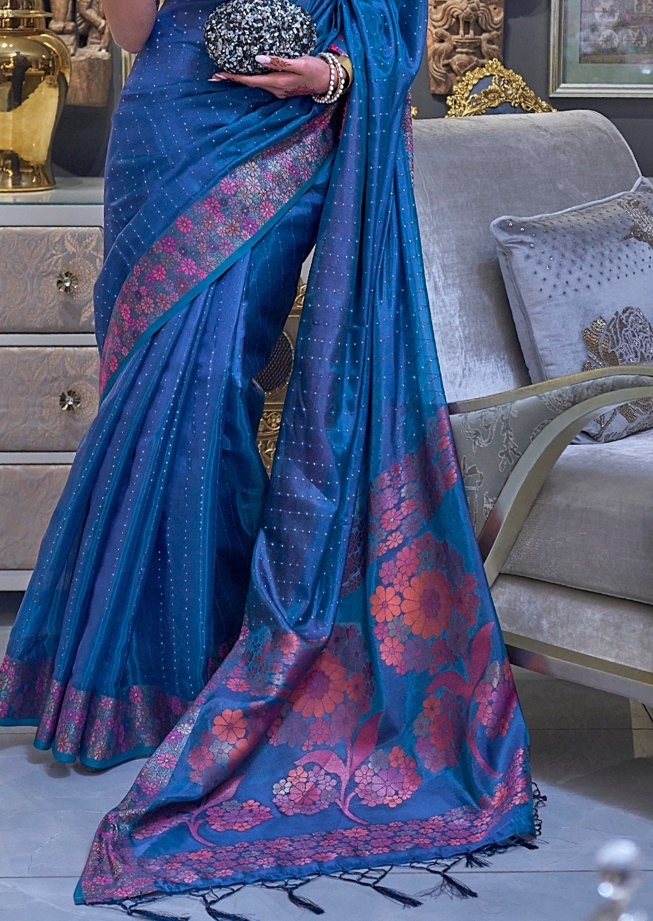 Pure Handloom Organza Blue Saree