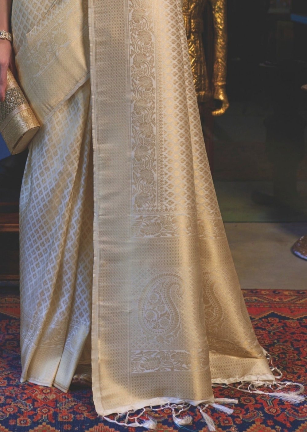 Shop handloom kanjivaram silk off white saree online design in India.