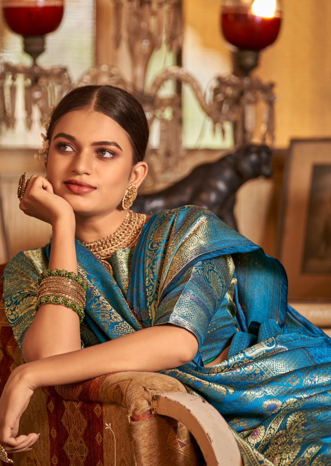 Kanchipuram pattu saree in turquoise blue colour for bride.
