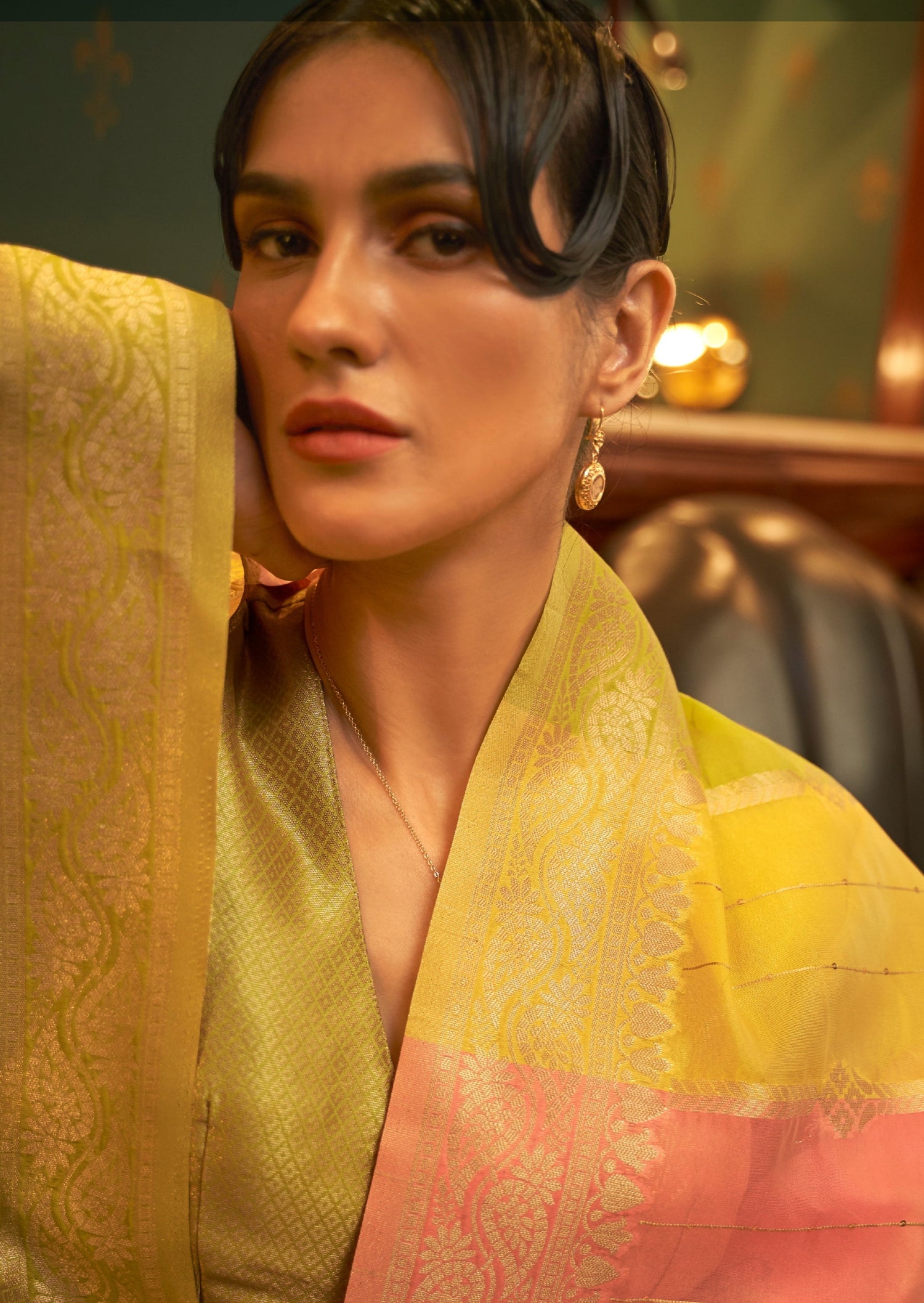 Yellow organza handloom saree uk online shopping for wedding and festivals.
