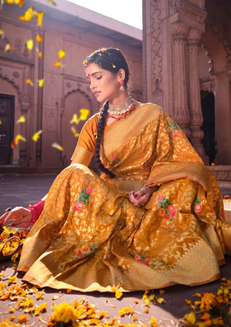 Yellow handloom banarasi silk saree online shopping for bride.