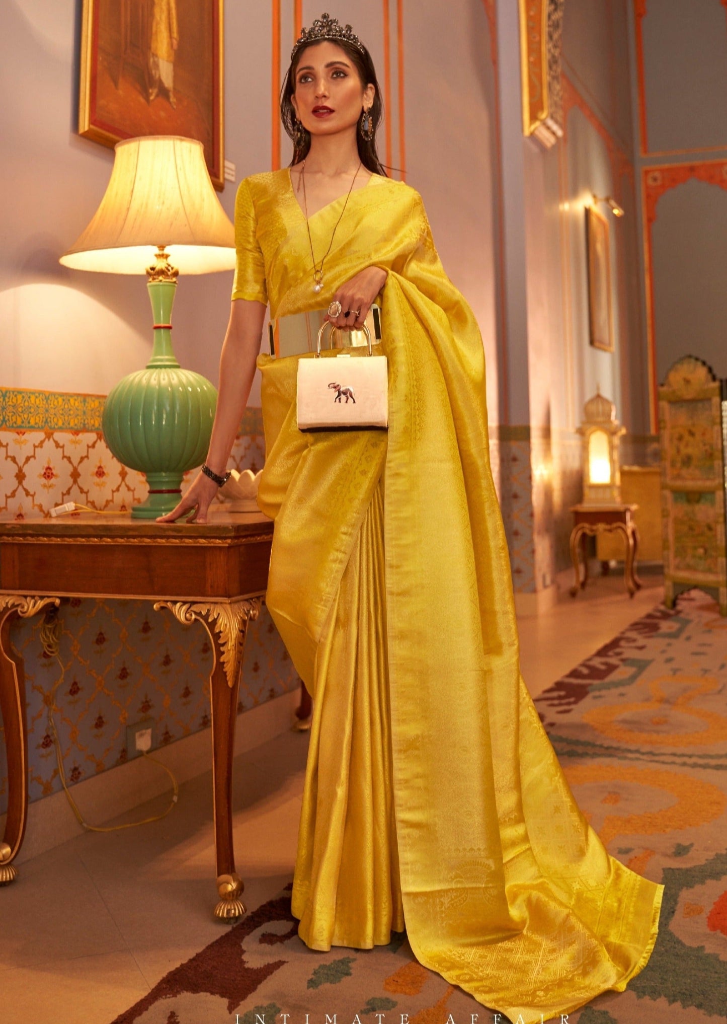 Yellow kanjivaram silk saree for bride in usa online shopping design.