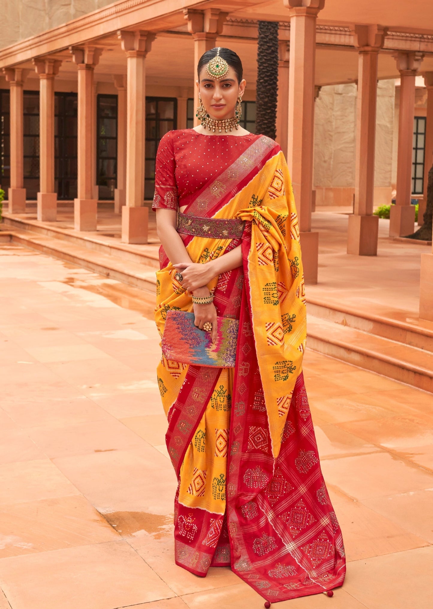 Patola saree original design in yellow red colour combination available for online shopping.