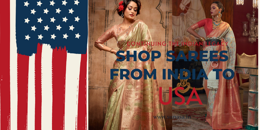 blog banner for blog title "how to shop saree from india to usa" featuting usa flag and two women in saree