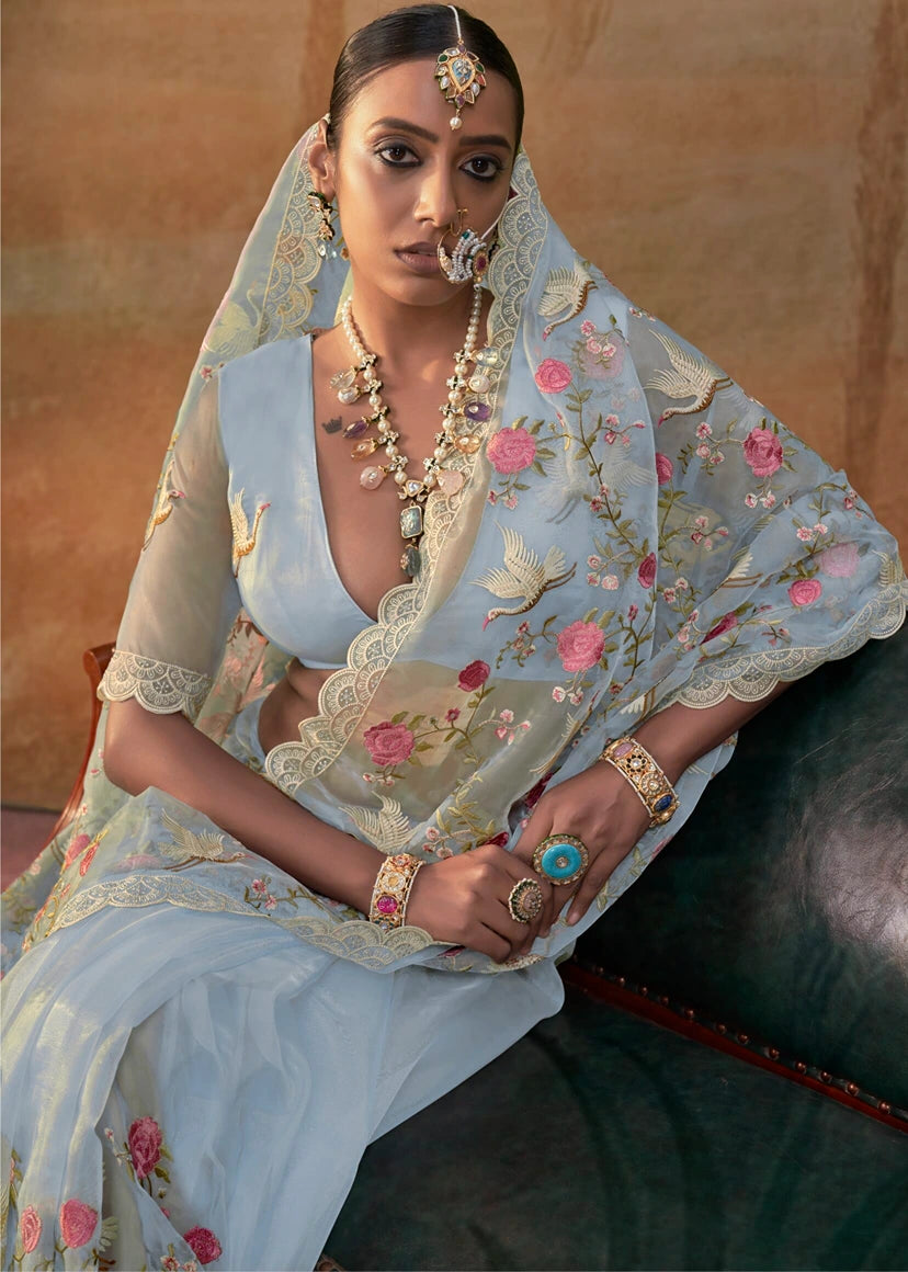 Pastel Blue Organza Silk Parsi Gara Embroidery Saree
