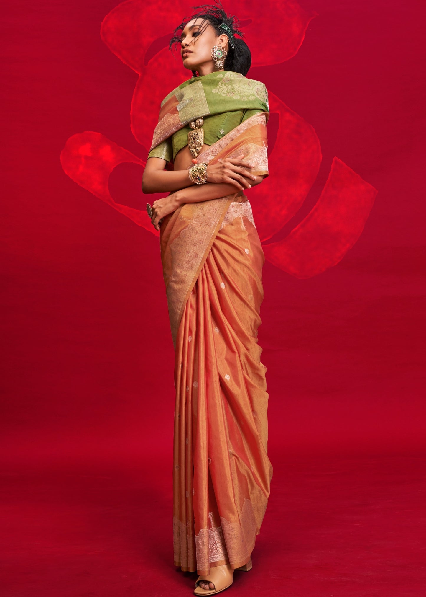 Pure Handloom Tussar Silk Orange Saree With Green Blouse