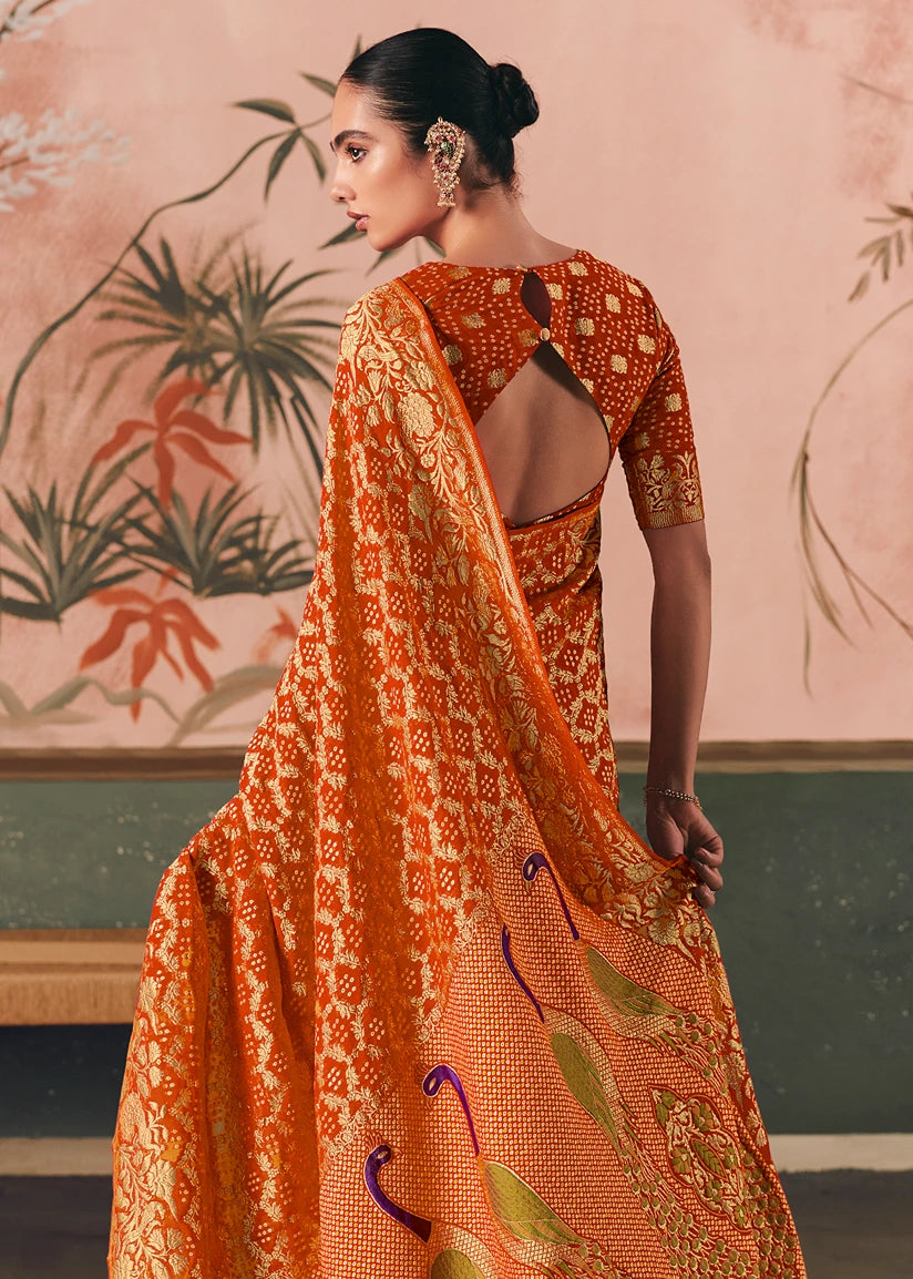 Pure Khaddi Georgette Orange Bridal Bandhani Saree