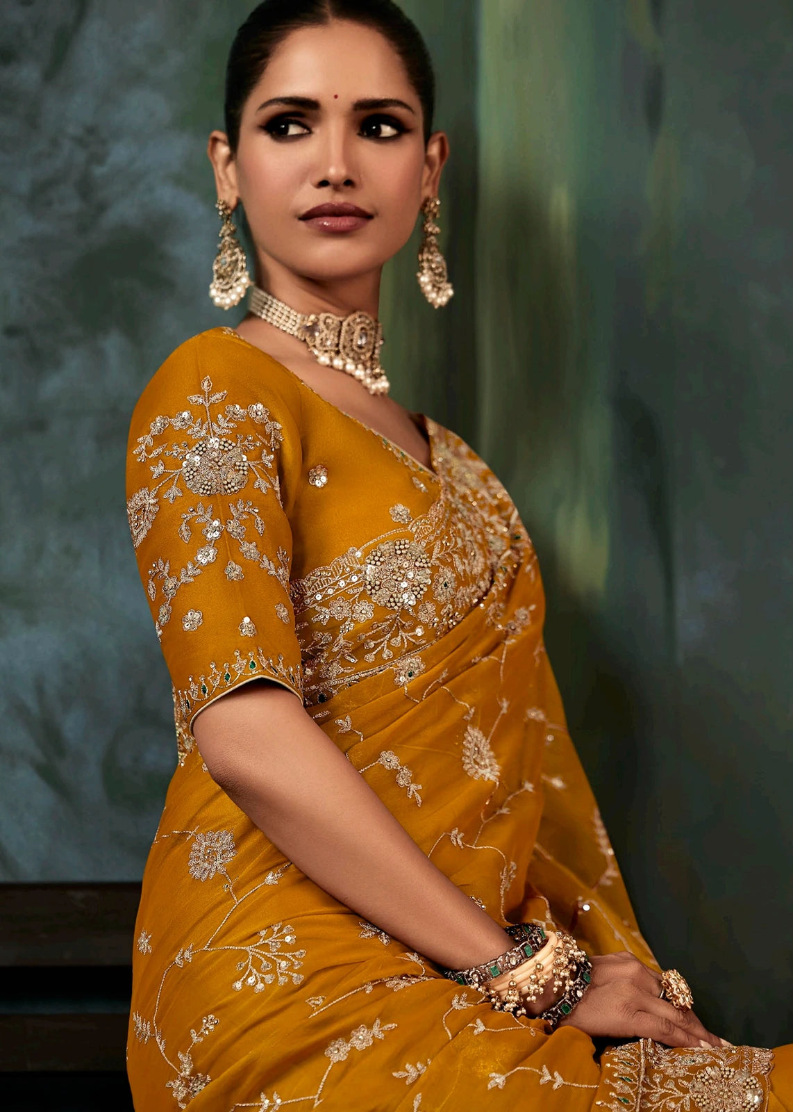 Mustard Yellow Crepe Silk Embroidered Bridal Saree