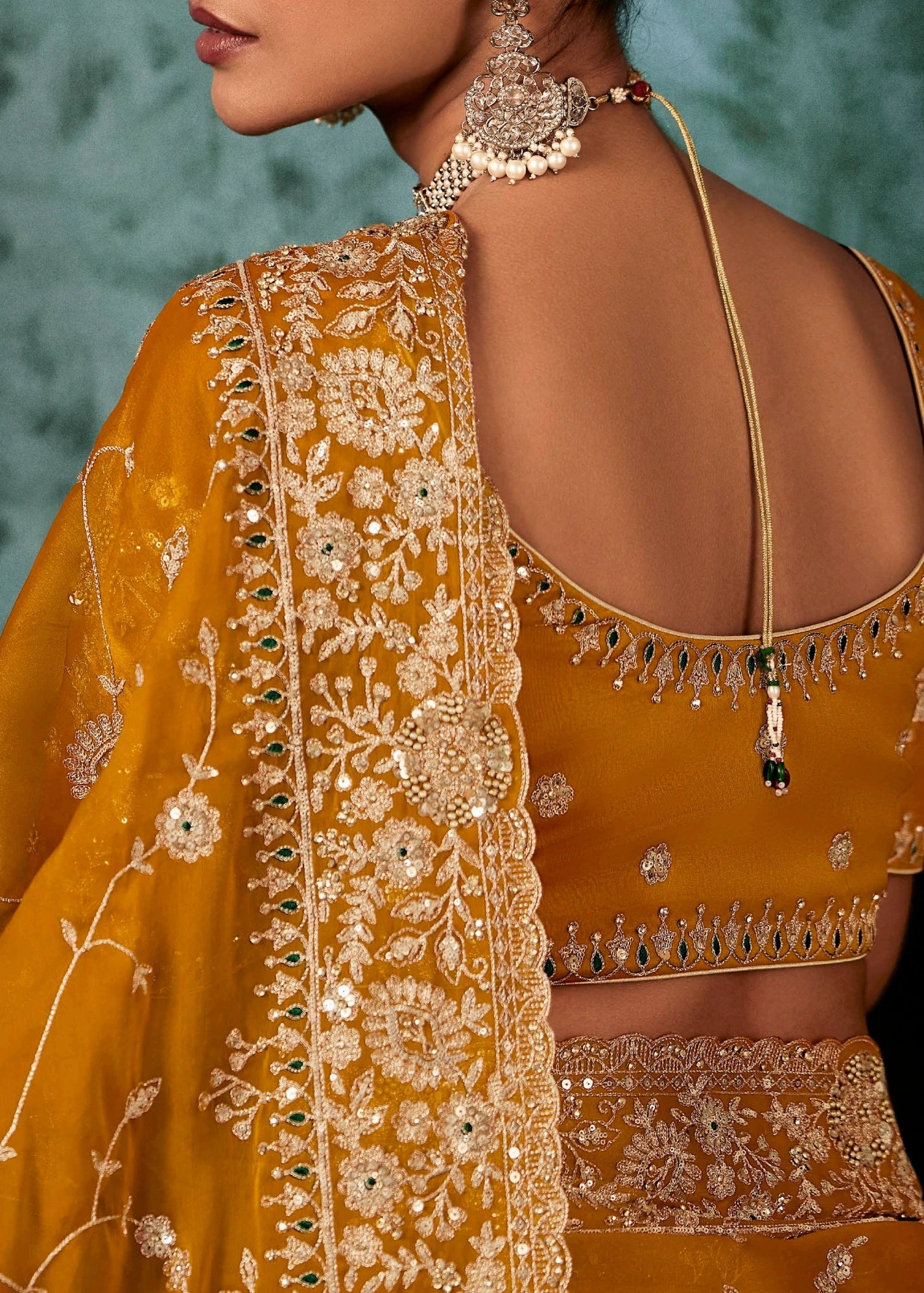 Mustard Yellow Crepe Silk Embroidered Bridal Saree