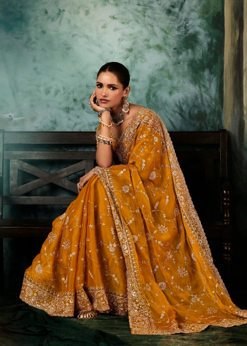 Mustard Yellow Crepe Silk Embroidered Bridal Saree