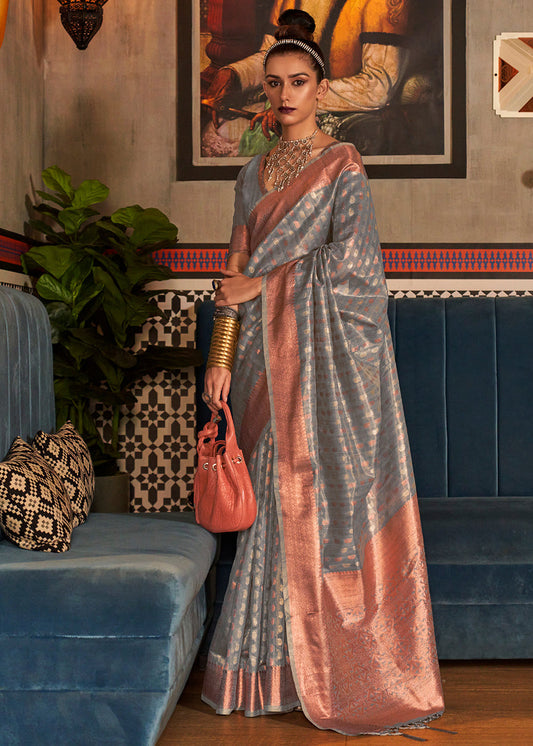 Pure Banarasi Tissue Silk Grey Handloom Weaving Saree
