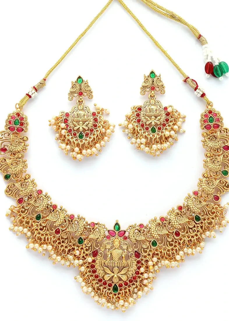 Gold Plated Temple Jewellery Necklace Set With Earrings