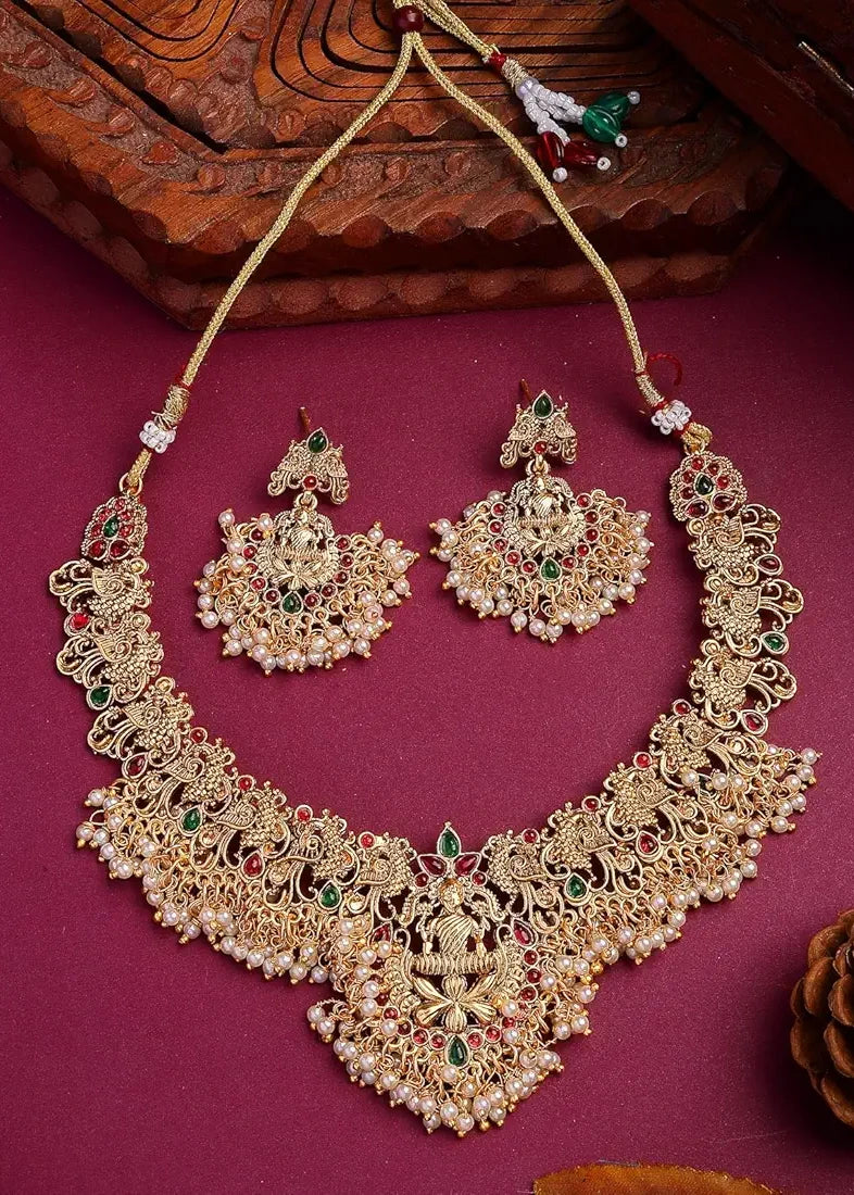 Gold Plated Temple Jewellery Necklace Set With Earrings