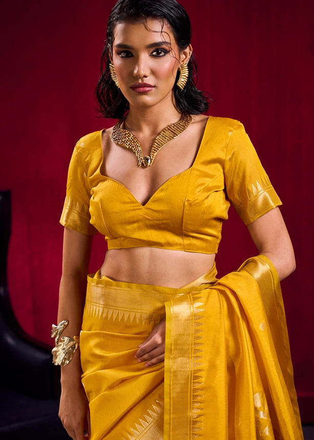 Soft Banarasi Silk Mustard Yellow Zari Weaving Saree