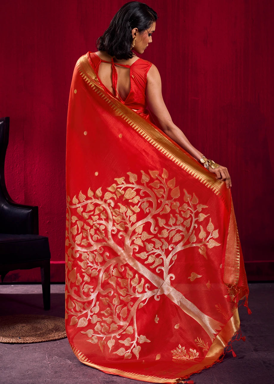Soft Banarasi Silk Red Zari Weaving Saree