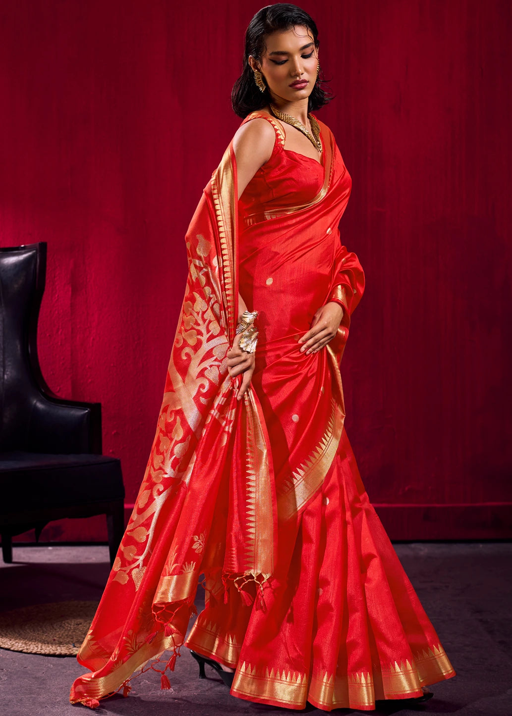 Soft Banarasi Silk Red Zari Weaving Saree
