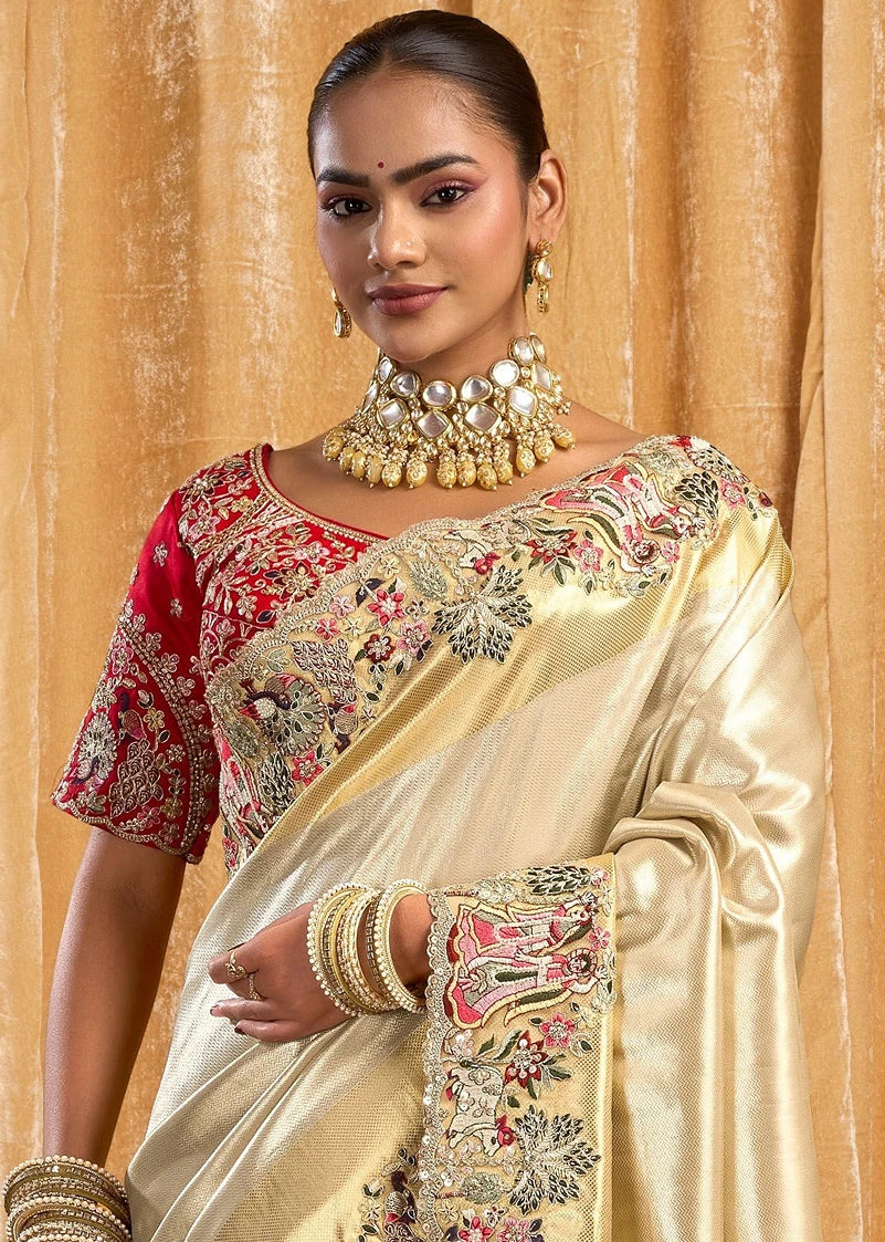 Cream Kanjivaram Silk Embroidered Bridal Saree & Red Blouse