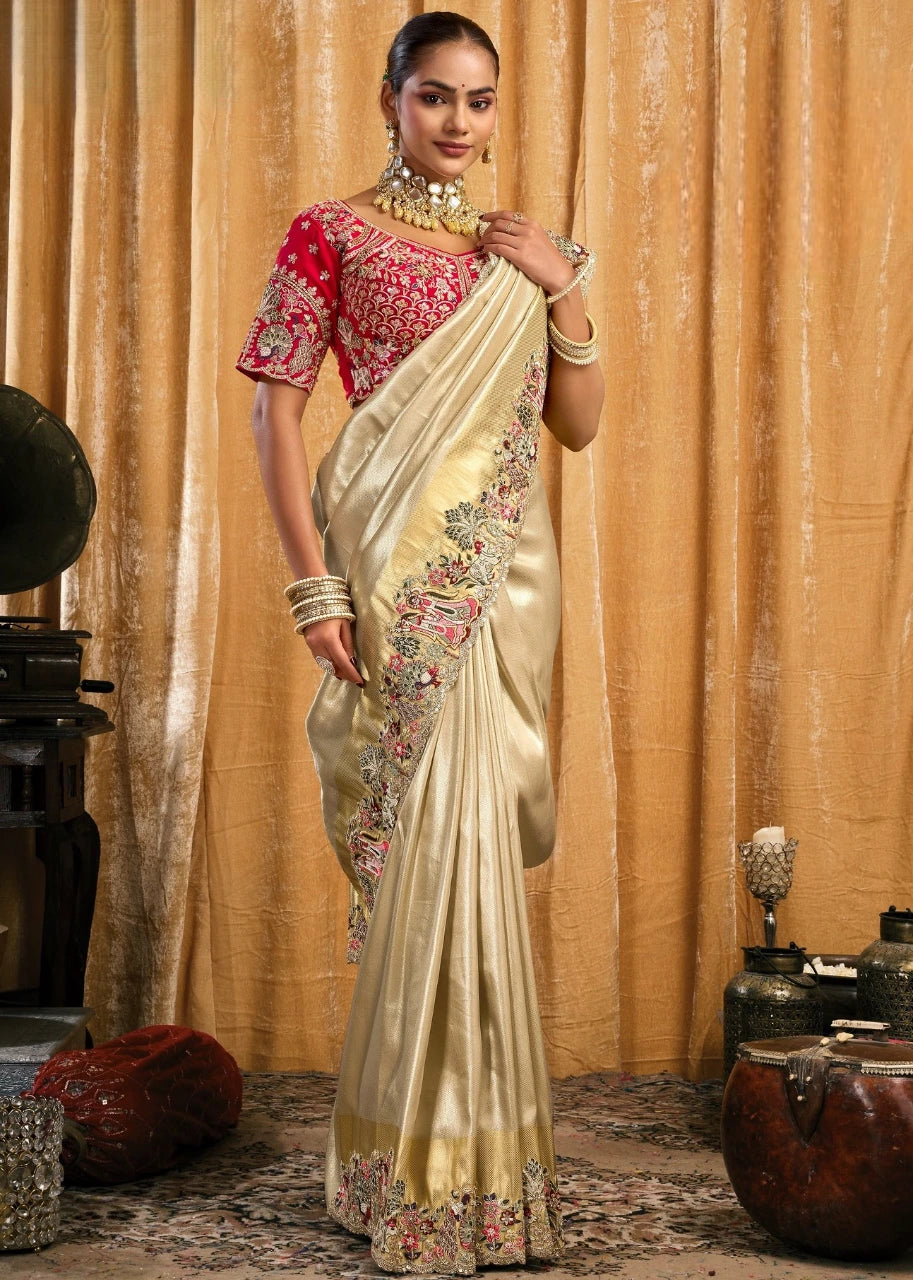 Cream Kanjivaram Silk Embroidered Bridal Saree & Red Blouse