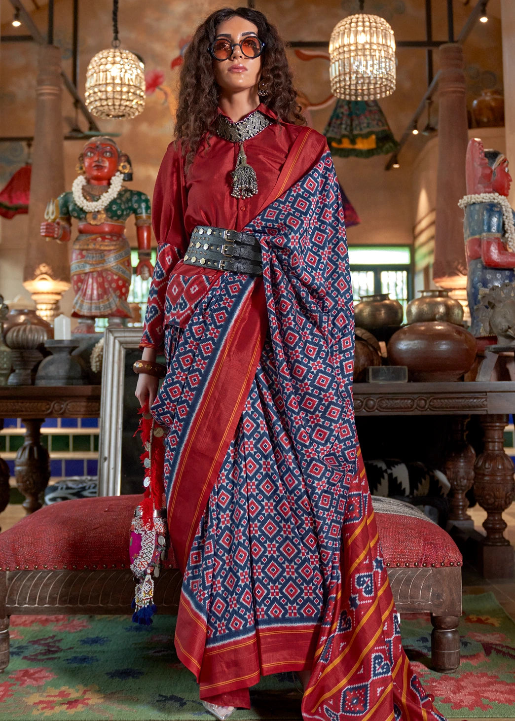 Designer Navy Blue and Red Patola Silk saree