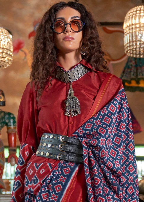 Designer Navy Blue and Red Patola Silk saree