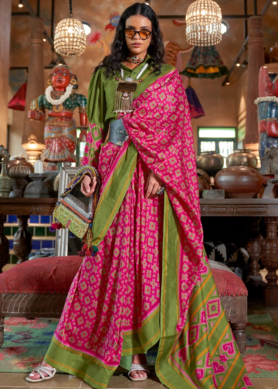 Designer Fuchsia Pink and Mehendi Green Patola Silk Saree