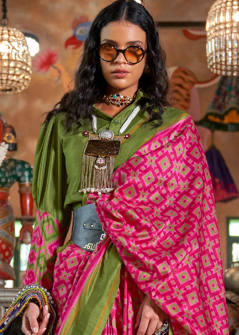 Designer Fuchsia Pink and Mehendi Green Patola Silk Saree
