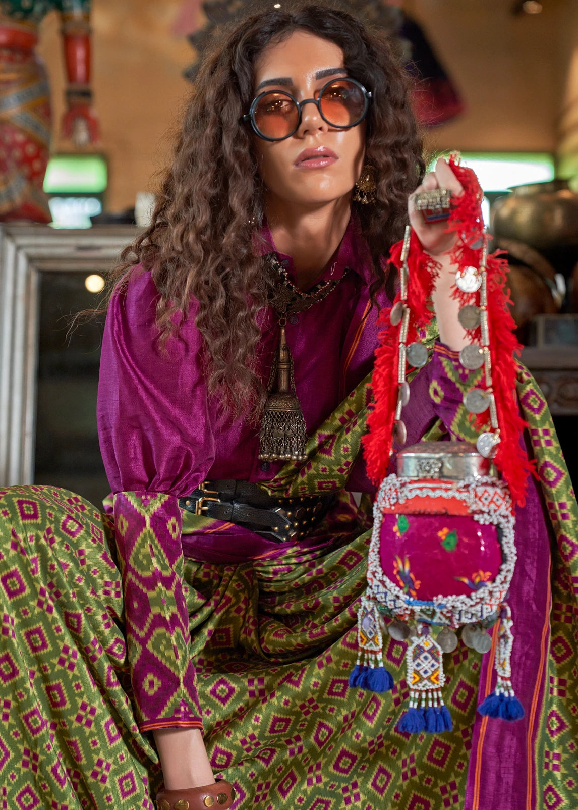 Designer Mehendi Green and Magenta Pink Patola Silk Saree