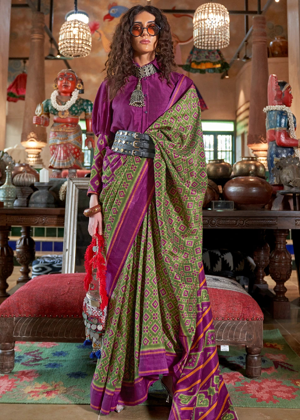 Designer Mehendi Green and Magenta Pink Patola Silk Saree