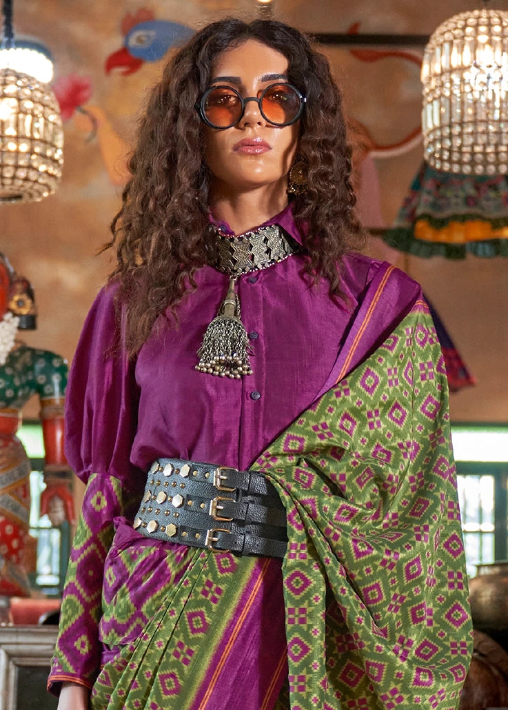 Designer Mehendi Green and Magenta Pink Patola Silk Saree