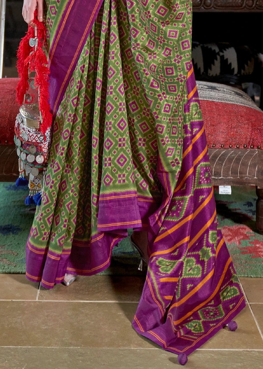 Designer Mehendi Green and Magenta Pink Patola Silk Saree