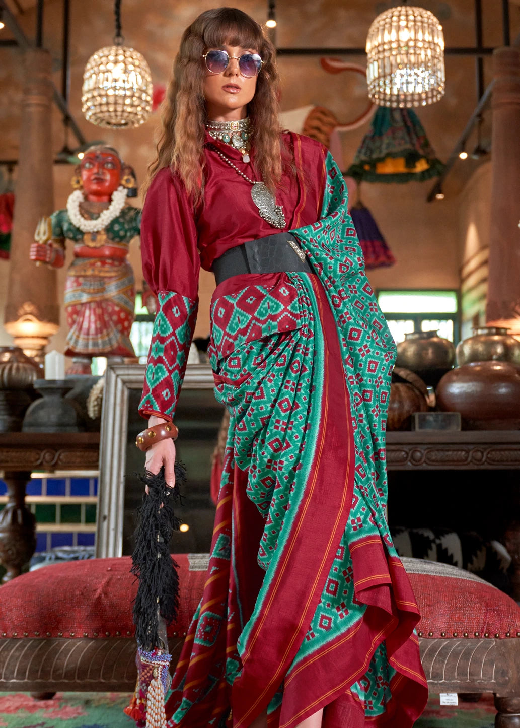 Designer Green and Red Patola Silk Saree