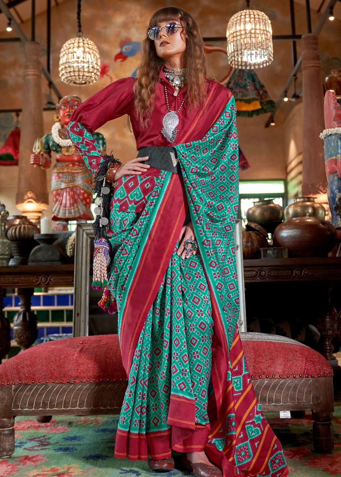 Designer Green and Red Patola Silk Saree