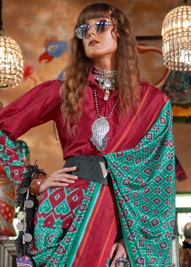 Designer Green and Red Patola Silk Saree