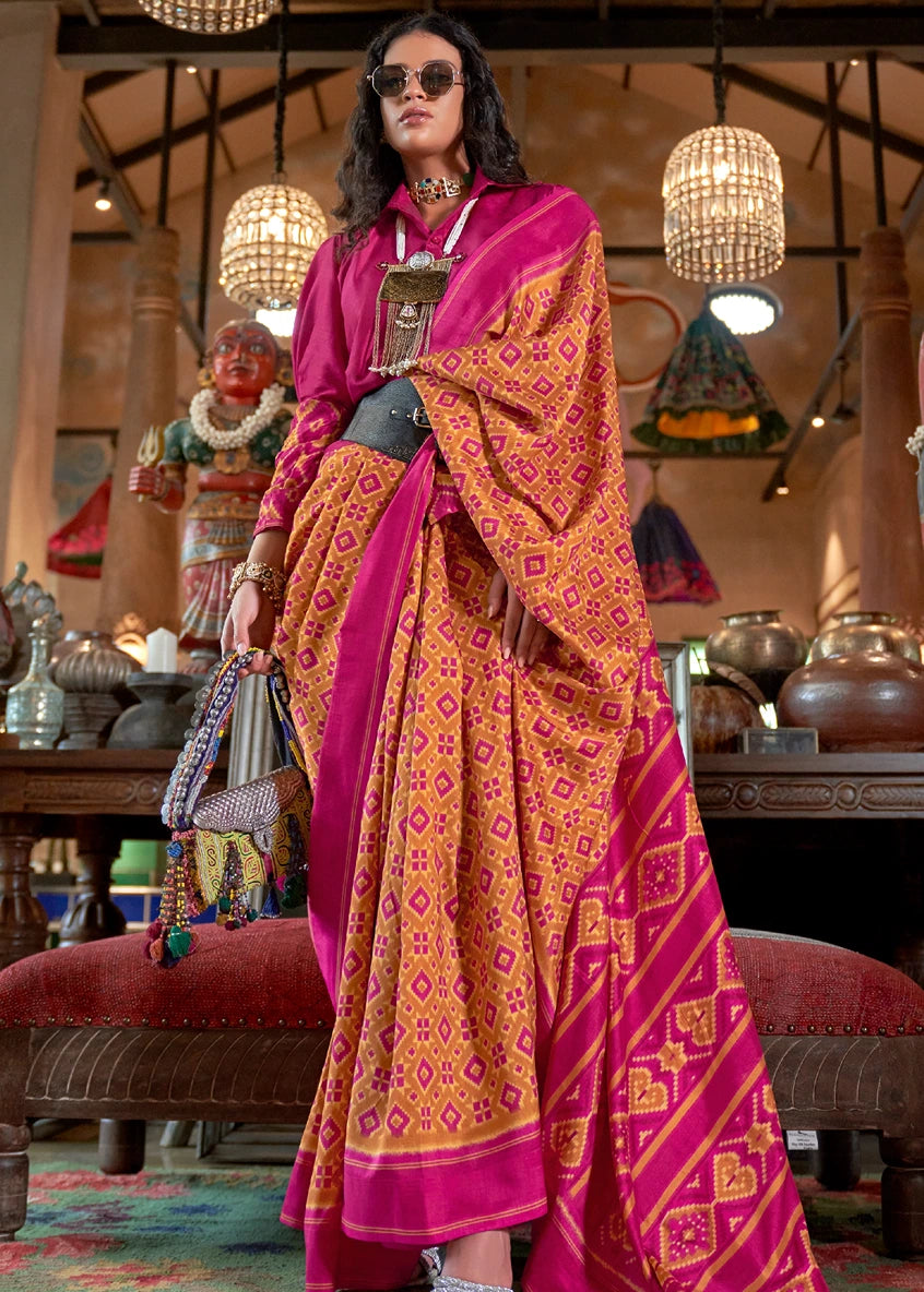 Designer Mustard Yellow and Pink Patola Silk Saree