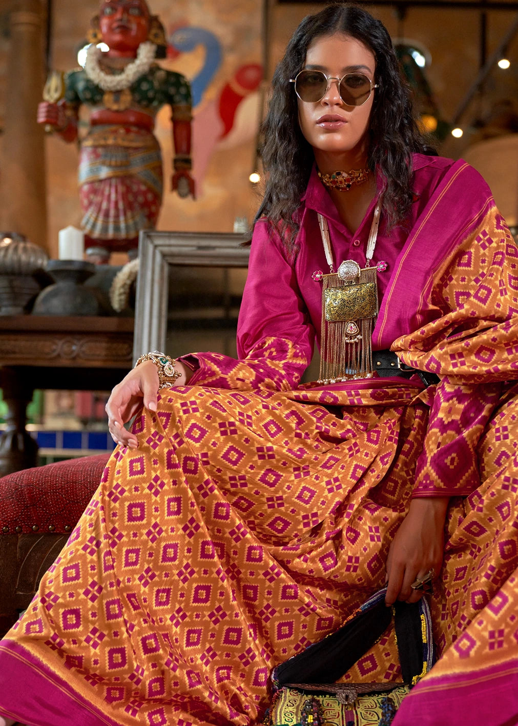 Designer Mustard Yellow and Pink Patola Silk Saree