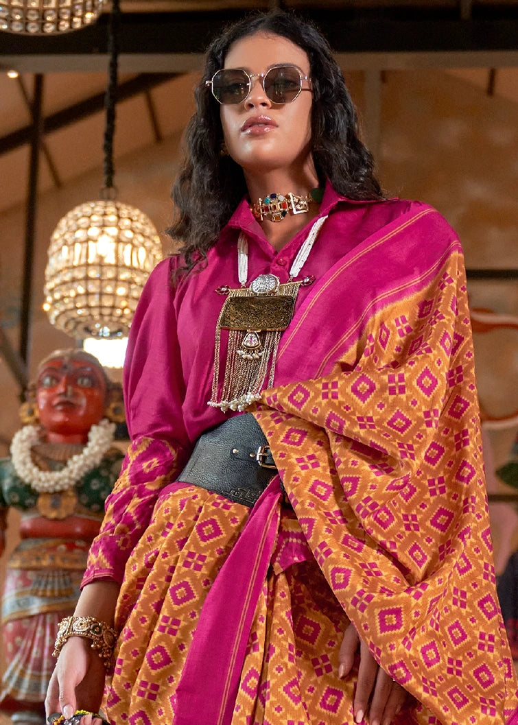 Designer Mustard Yellow and Pink Patola Silk Saree