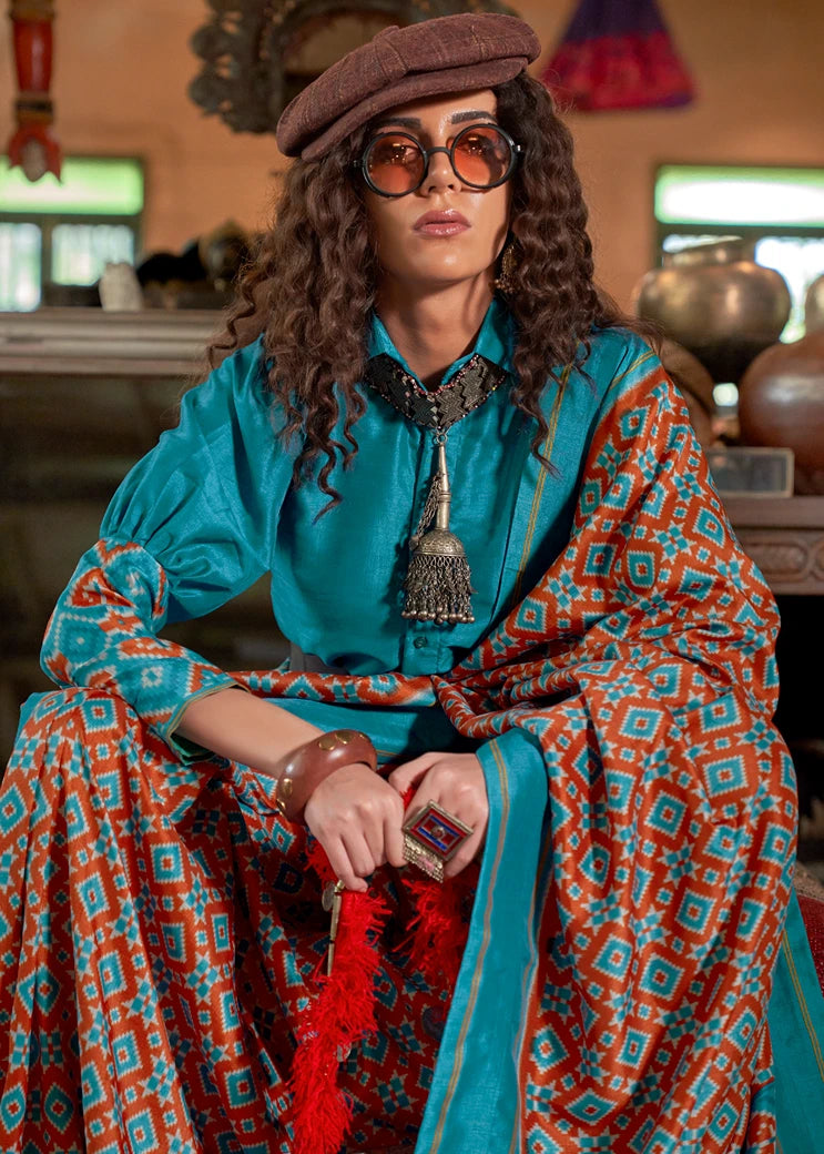 Designer Rust Orange and Turquoise Blue Patola Silk Saree