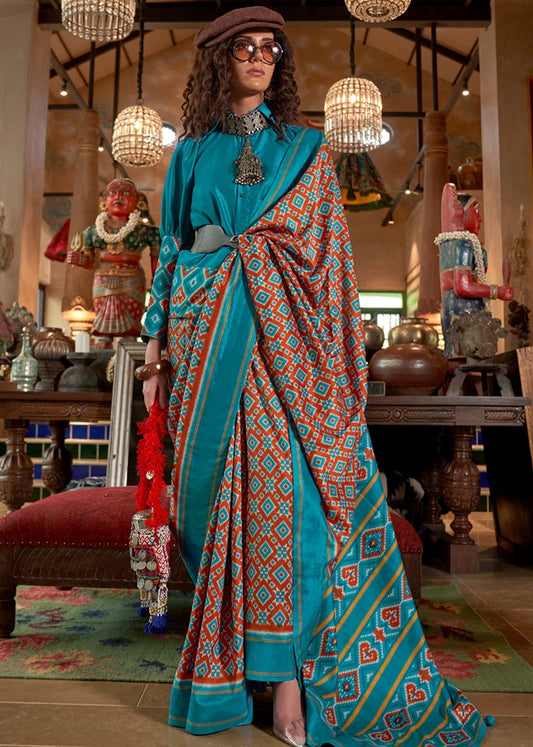 Designer Rust Orange and Turquoise Blue Patola Silk Saree