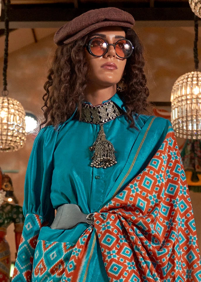Designer Rust Orange and Turquoise Blue Patola Silk Saree