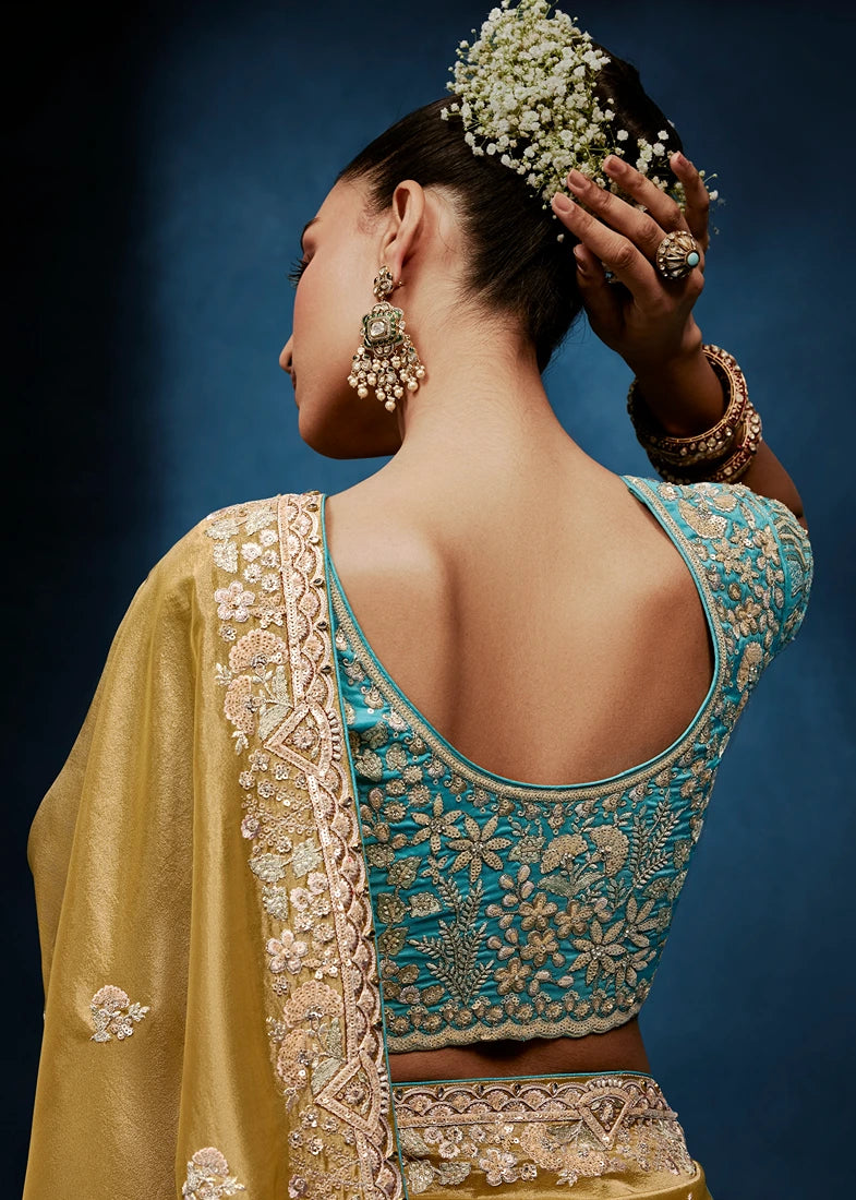 Designer Gold Organza Tissue Silk Embroidered Saree With Blue Blouse
