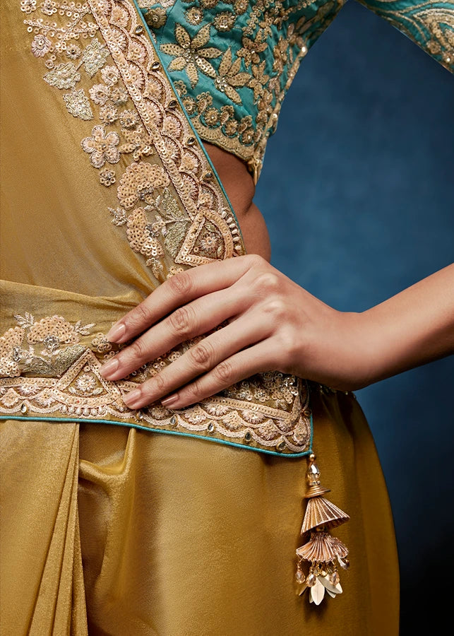 Designer Gold Organza Tissue Silk Embroidered Saree With Blue Blouse