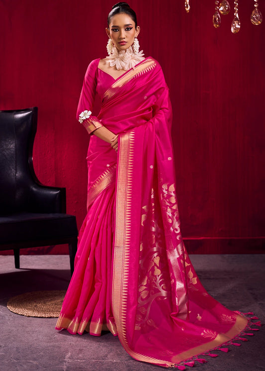 Soft Banarasi Silk Rani Pink Zari Weaving Saree