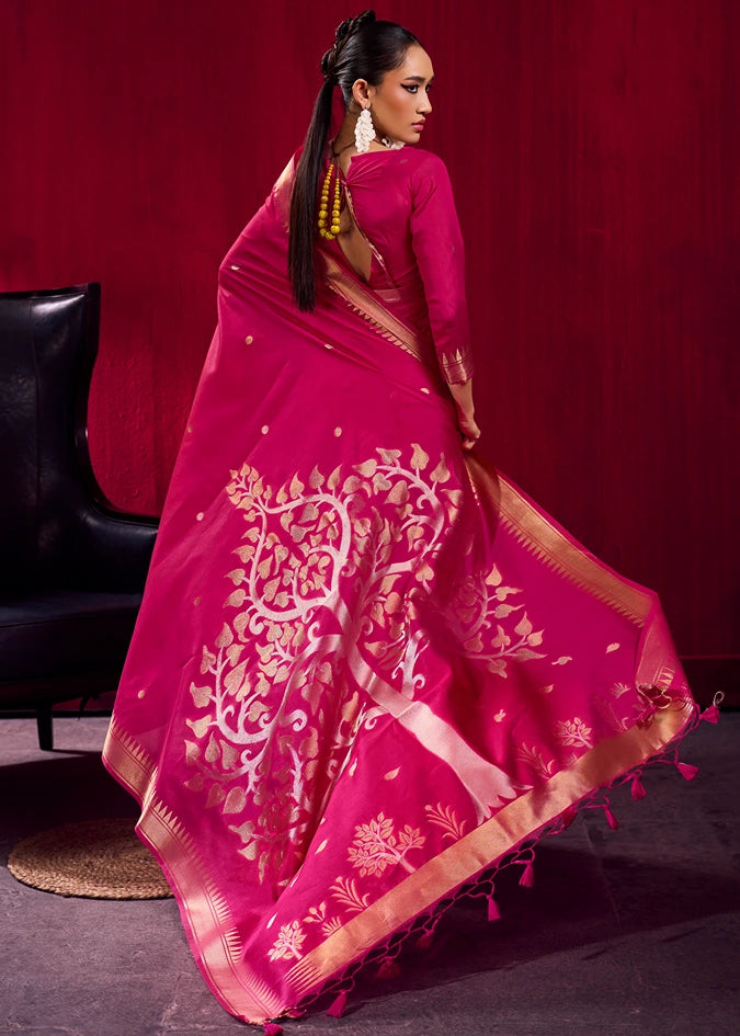 Soft Banarasi Silk Rani Pink Zari Weaving Saree