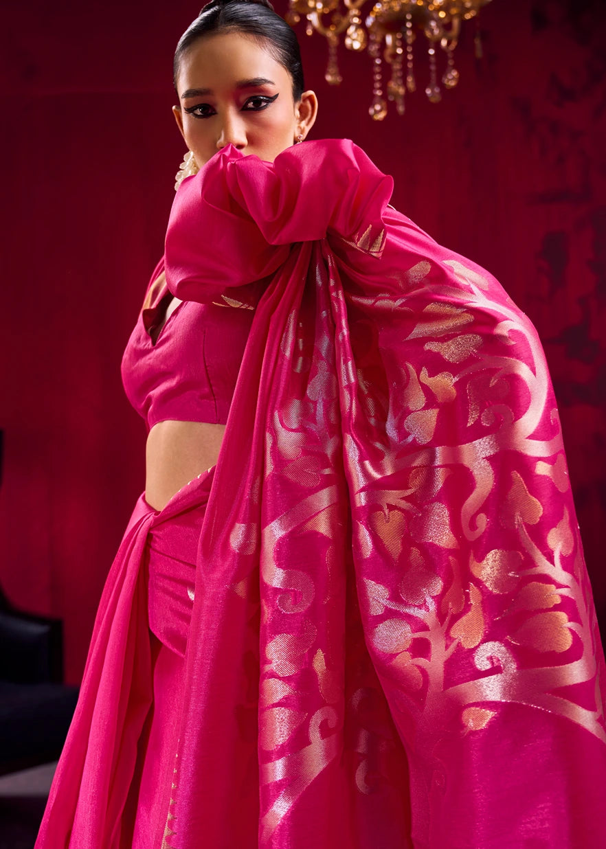 Soft Banarasi Silk Rani Pink Zari Weaving Saree